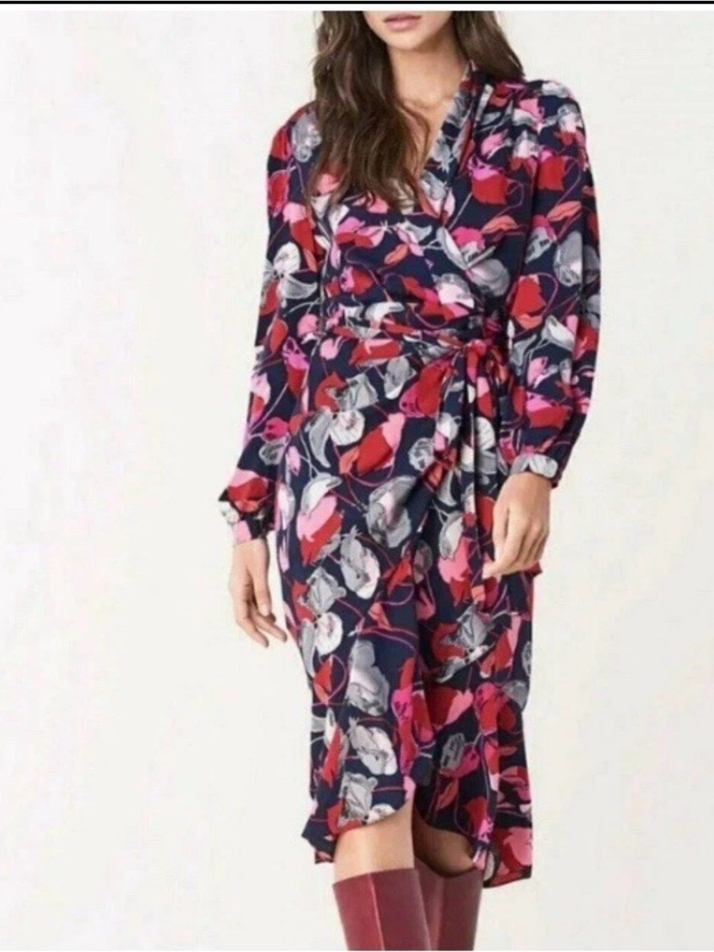 Diane Von furstenberg Carla two Wrap Midi Dress in Navy Floral Print 10 silk